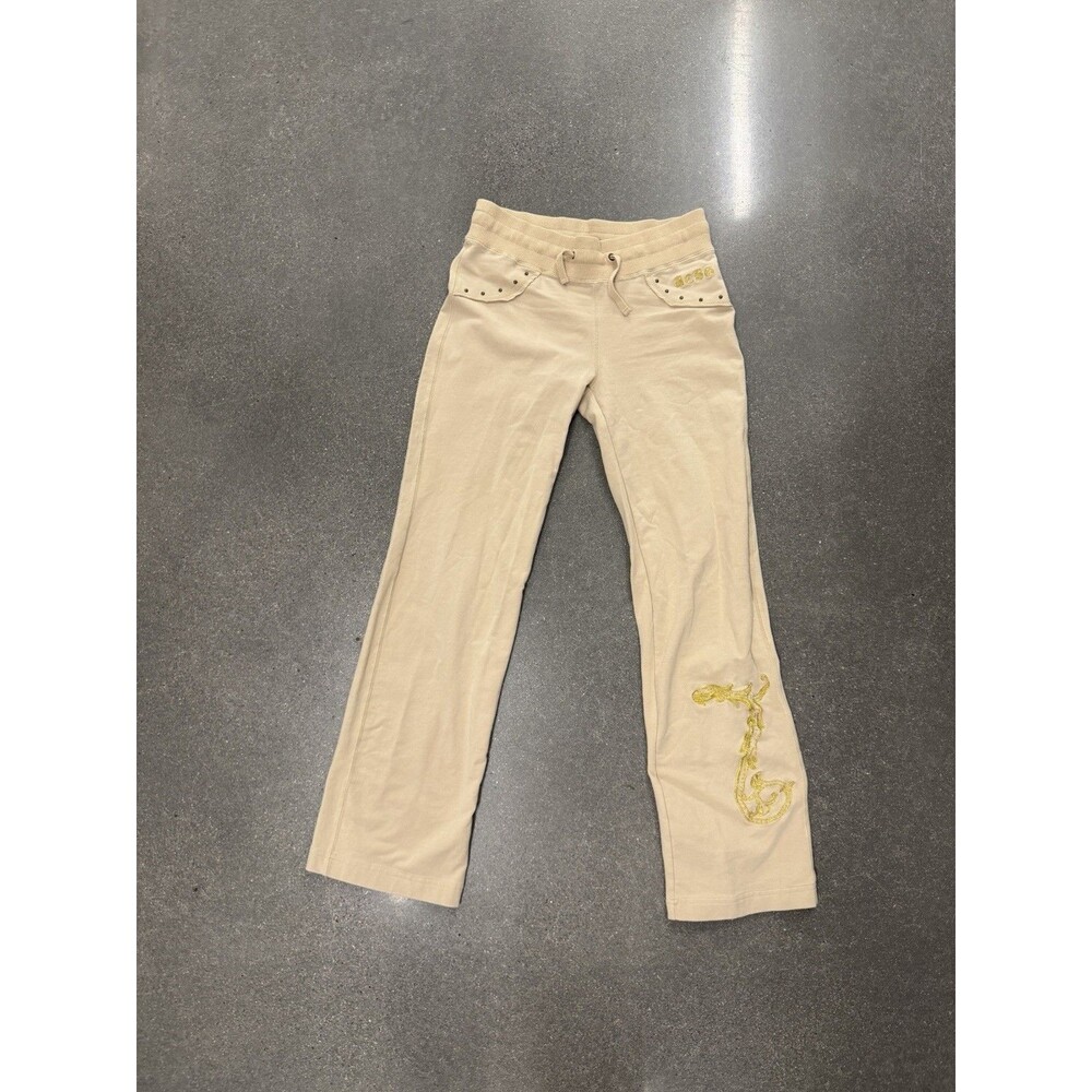 Vintage BCBGMAXAZRIA Womens S Tan Sweatpants Gold Embroidery Studded Y2K Track